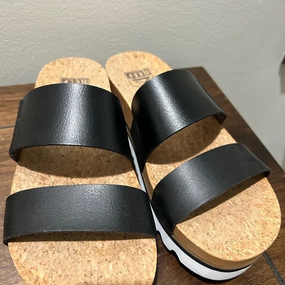 Reef Women's Black Cork Double Strap Slide Sandals - Picture 2 of 7
